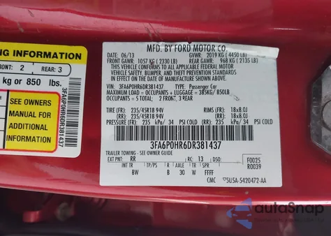 2013 Ford Fusion Se z USA, uszkodzony, nr VIN 3FA6P0HR6DR381437